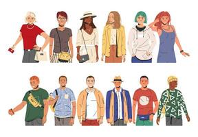 grupo do moda pessoas personagens. jovem homem e mulher dentro na moda equipamento em pé junto. rapazes e meninas com diferente penteados e etnias dentro à moda casual roupas. plano vetor ilustração