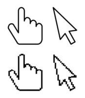 rato cursor ícones isolado. mão com dedo e seta ponteiro. pixel e linha Projeto para computador, rede, formulários. pixelizada e regular estilo, Preto e branco cor. vetor ilustração