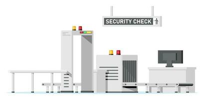 passageiros segurança verificar. aeroporto segurança zona. metal detector. Verifica ponto isolado em branco. Verifica Bagagem. metal scanner portão, bagagem transportador cinto. desenho animado plano vetor ilustração