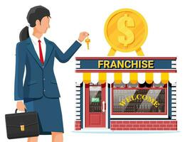 franquia o negócio para oferta. franchising fazer compras construção ou comercial propriedade. real Estado o negócio promocional, sme comece financiamento colaborativo. vendendo comprando Novo negócios. plano vetor ilustração