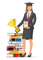 empresária e pilha do livros. o negócio mulher com troféu e diploma. Educação e estudar. o negócio sucesso, triunfo, objetivo ou conquista. ganhando do concorrência. vetor ilustração plano estilo