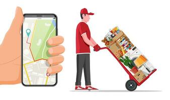 motor com mão caminhão e pacote para transporte e Smartphone. comovente para Novo casa. família realocado para Novo lar. papel cartão caixas com vários família coisa. plano vetor ilustração