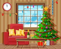 acolhedor interior do vivo quarto com janela, cadeirão, mesa, Natal árvore. feliz Novo ano decoração. alegre Natal feriado. Novo ano e natal celebração. desenho animado plano vetor ilustração