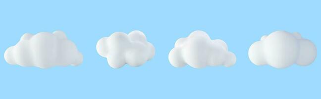 3d branco nuvem conjunto isolado em azul fundo. coleção do desenho animado fofo nuvem ícone. render bolha fofa círculo em forma fumaça ou cumulus névoa símbolo. vetor ilustração