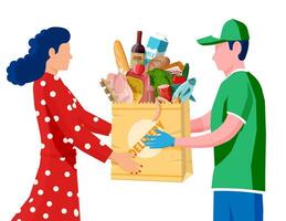 correio entregue pacote do mercearias para cliente. Comida Entrega serviço conceito. Entrega homem dar ordenou produtos para mulher. conectados supermercado ou Internet fazer compras. plano vetor ilustração