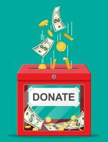 doação caixa com dourado moedas e dólar notas. caridade, doar, Socorro e ajuda conceito. vetor ilustração dentro plano estilo