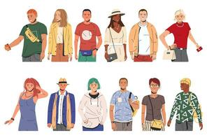 grupo do moda pessoas personagens. jovem homem e mulher dentro na moda equipamento em pé junto. rapazes e meninas com diferente penteados e etnias dentro à moda casual roupas. plano vetor ilustração