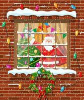 Natal janela dentro tijolo muro. vivo quarto com abeto árvore e santa claus com presente bolsa. feliz Novo ano decoração. alegre Natal feriado. Novo ano e natal celebração. plano vetor ilustração