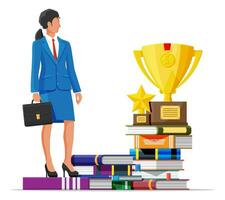 empresária com troféu em pilha do livros. o negócio mulher com medalha. Educação e estudar. o negócio sucesso, triunfo, objetivo ou conquista. ganhando do concorrência. vetor ilustração plano estilo