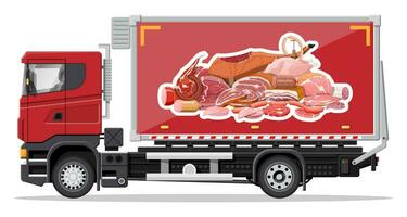 caminhão carro cheio do carne produtos. fazer compras e Fazenda entregando serviço. Entrega e vendendo carne e mercearia produtos conceito. salsicha, frango, bife. carga e logística. desenho animado plano vetor ilustração