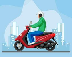 homem em motor lambreta. urbano veículo, cidade transporte. cara dirigir moderno moto. paisagem urbana com edifícios e estrada. desenho animado plano vetor ilustração.