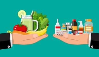mãos balanças com legumes e drogas. escolha entre dieta pílulas e saudável Comida. vetor ilustração dentro plano estilo