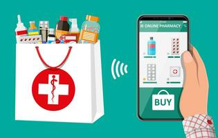 mão segurando Móvel telefone com Internet farmacia compras aplicativo. saco com pílulas drogas. médico assistência, ajuda, Apoio, suporte on-line. saúde Cuidado inscrição em Smartphone. vetor ilustração dentro plano estilo