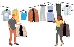 mulher e homem perto prateleira com roupas. roupas em cabide. casa ou fazer compras guarda-roupa. roupas e acessórios. vários suspensão roupas. jaqueta, camisa, jeans, calça. desenho animado plano vetor ilustração