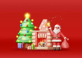 3d vermelho tijolo Novo ano lareira e santa noel. render Natal decorado lareira com meias, árvore, presentes. feliz Novo ano. Natal feriado. Novo ano e natal celebração. vetor ilustração