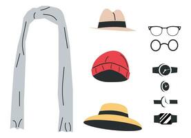 mulher e homem guarda roupa acessório e bens. conjunto do chapéu, gorro, lenço, vários relógio de pulso e Óculos. diferente masculino e fêmea acessórios coleção. desenho animado plano vetor ilustração