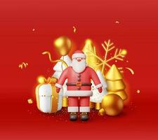 3d santa claus e ouro Natal árvore. render feliz Novo ano decoração bandeira. alegre Natal feriado. Novo ano e natal celebração. realista vetor ilustração
