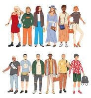 grupo do moda pessoas personagens. jovem homem e mulher dentro na moda equipamento em pé junto. rapazes e meninas com diferente penteados e etnias dentro à moda casual roupas. plano vetor ilustração