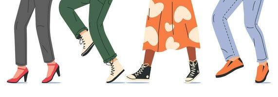pessoas caminhando dentro moderno sapato. conjunto do vários fêmea e masculino sapatos com pés. botas, tênis, salto. menina e Garoto calçados. diferente mulher e homem sapato. desenho animado plano vetor ilustração