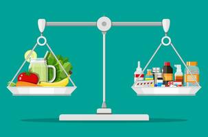 Saldo balanças com legumes e drogas. escolha entre dieta pílulas e saudável Comida. vetor ilustração dentro plano estilo
