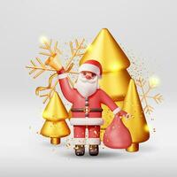 3d santa claus com Sino e ouro Natal árvore. render feliz Novo ano decoração bandeira. alegre Natal feriado. Novo ano e natal celebração. realista vetor ilustração