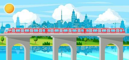 skytrain e panorama com paisagem urbana. super simplificado trem. passageiro expressar estrada de ferro locomotiva. monotrilho Ferrovia público transporte. rápido transporte metrô. plano vetor ilustração
