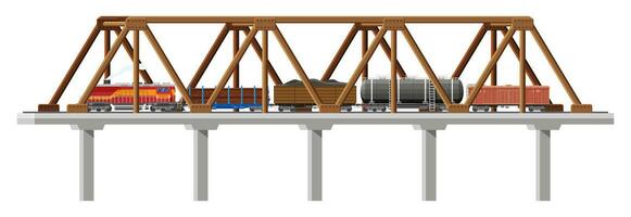 carga trem em ponte. vagões, cisternas, tanques, carros. Ferrovia frete coleção. carro plano, vagão. industrial carruagens em aqueduto, lado visualizar. carga trilho transporte. plano vetor ilustração