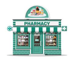 fachada farmacia loja com tabuleta. exterior do Drogaria. remédio pílulas cápsulas garrafas vitaminas e comprimidos em mostruário. montra fazer compras prédio, rua arquitetura. plano vetor ilustração