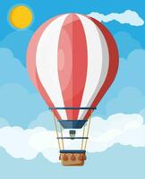 quente ar balão dentro a céu com nuvens e Sol. vintage ar transporte. aeróstato com cesta. plano vetor ilustração