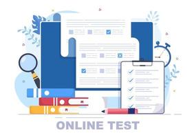 ilustração vetorial de fundo de teste on-line com lista de verificação, exame, escolha de resposta, formulário, e-learning e conceito de educação vetor