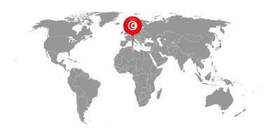 pin mapa com bandeira da tunísia no mapa do mundo. ilustração vetorial. vetor