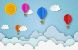 colorida quente ar balões vôo dentro a ar com azul nublado céu fundo. papel cortar poster modelo com ar balões. panfletos, bandeiras, cartazes e modelos Projeto. vetor