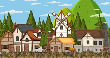 Cena de vila medieval com moinho de vento e casas vetor