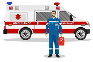 emergência médico homem e ambulância carro vetor