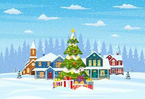 suburbano casa coberto neve. construção dentro feriado ornamento. Natal panorama árvore. Novo ano decoração. alegre Natal feriado natal celebração. vetor ilustração plano estilo