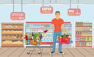 jovem homem empurrando supermercado compras carrinho cheio do mantimentos. vetor ilustração dentro plano estilo