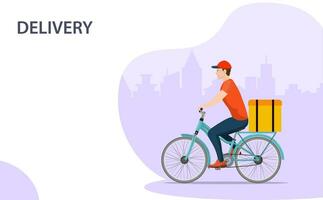 correio em bicicleta com parcela caixa entregando Comida dentro cidade. ecológico velozes Entrega conceito. vetor ilustração dentro plano estilo