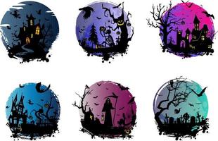 design assustador de halloween com abóboras e morcegos de casa assombrada por bruxas vetor