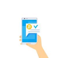 pagamento bitcoin aprovado, transação móvel concluída vetor