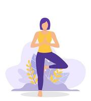 jovem mulher mulher fazendo ioga dar certo. conceito do meditação, a saúde benefícios para a corpo, mente e emoções. começo e a procurar para Ideias. vetor ilustração dentro plano estilo