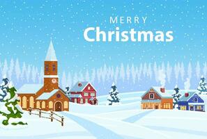 Natal panorama fundo com neve e árvore. alegre Natal feriado. Novo ano e natal celebração. vetor ilustração dentro plano estilo