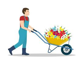 homem com carrinho de mão com Primavera flores, isolado em uma branco fundo. vetor ilustração dentro plano estilo