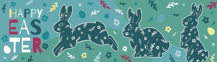 feliz Páscoa grandes horizontal bandeira com coelhos, ovos, flores, e texto. lindo brilhante moderno vetor ilustração.