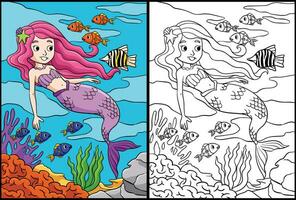 sereia e uma peixe coloração página ilustração vetor