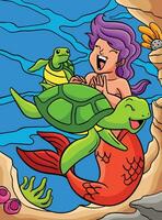 sereia jogando com uma tartaruga colori desenho animado vetor