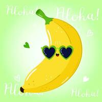 fofa engraçado banana personagem. vetor mão desenhado desenho animado kawaii personagem ilustração ícone. isolado em verde fundo. banana personagem conceito. aloha cartão