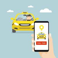 mão segurando o smartphone e chamar um táxi por telefone. reserva de táxi via aplicativo móvel. vetor