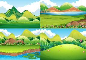 Quatro cenas de fundo com campo verde e rio vetor