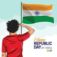 75º república dia do Índia celebrações. vetor ilustração do uma Garoto saudando indiano bandeira