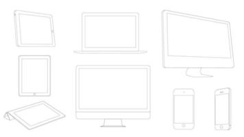 dispositivos digitais, esboço moderno laptop, tablet, smartphone e computador vetor